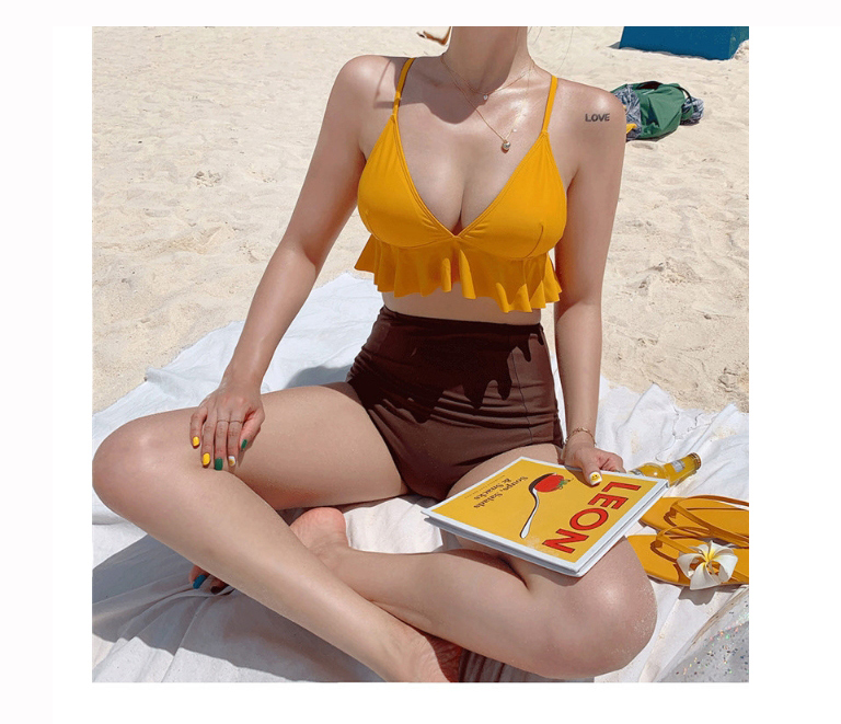 Fashion Yellow High-waisted Belly-covering Lace Contrast Split Swimsuit,Bikini Sets