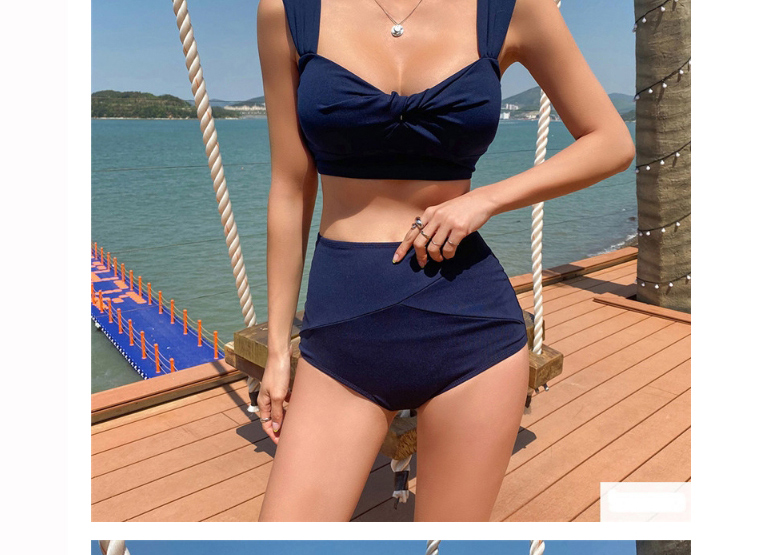 Fashion Dark Blue Square Neck High Waist Solid Color Split Swimsuit,Bikini Sets