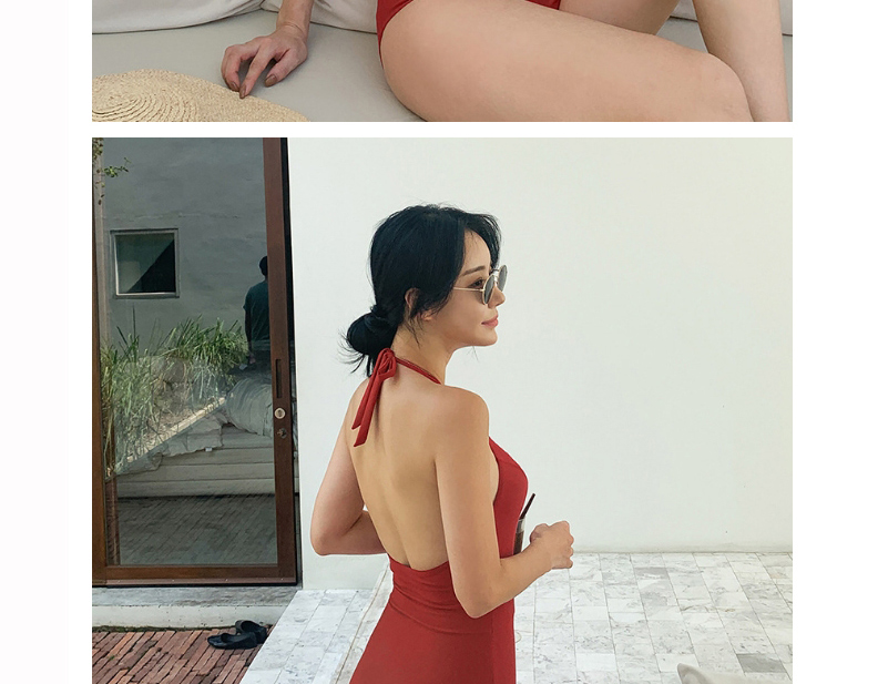 Fashion Red Open Back Strap Solid Color One-piece Swimsuit,One Pieces