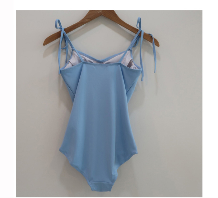 Fashion Blue Solid Color Pleated Tether One-piece Swimsuit,One Pieces