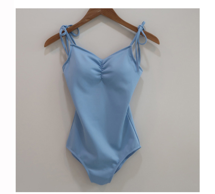 Fashion Blue Solid Color Pleated Tether One-piece Swimsuit,One Pieces