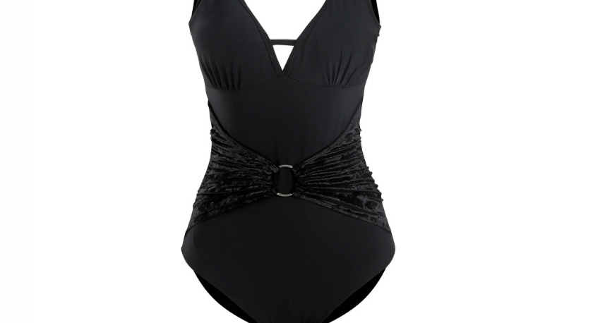 Fashion Black Metal Buckle Pleated Deep V One-piece Swimsuit,One Pieces