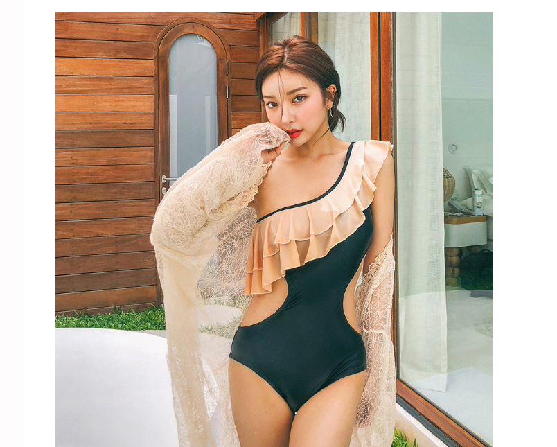 Fashion Caramel Colour Underwire One-shoulder Ruffled One-piece Swimsuit,One Pieces