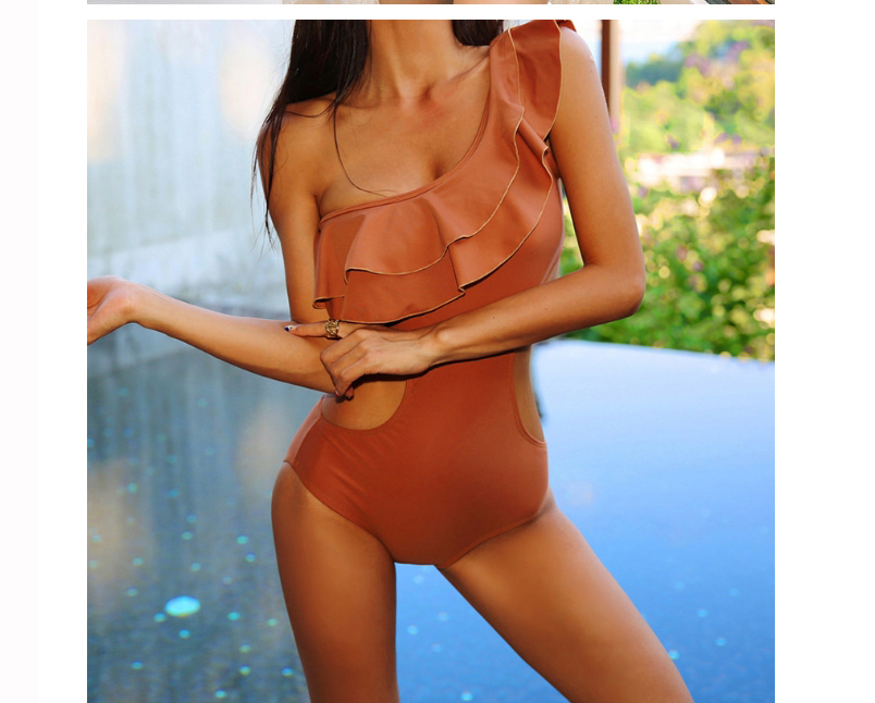 Fashion Caramel Colour Underwire One-shoulder Ruffled One-piece Swimsuit,One Pieces