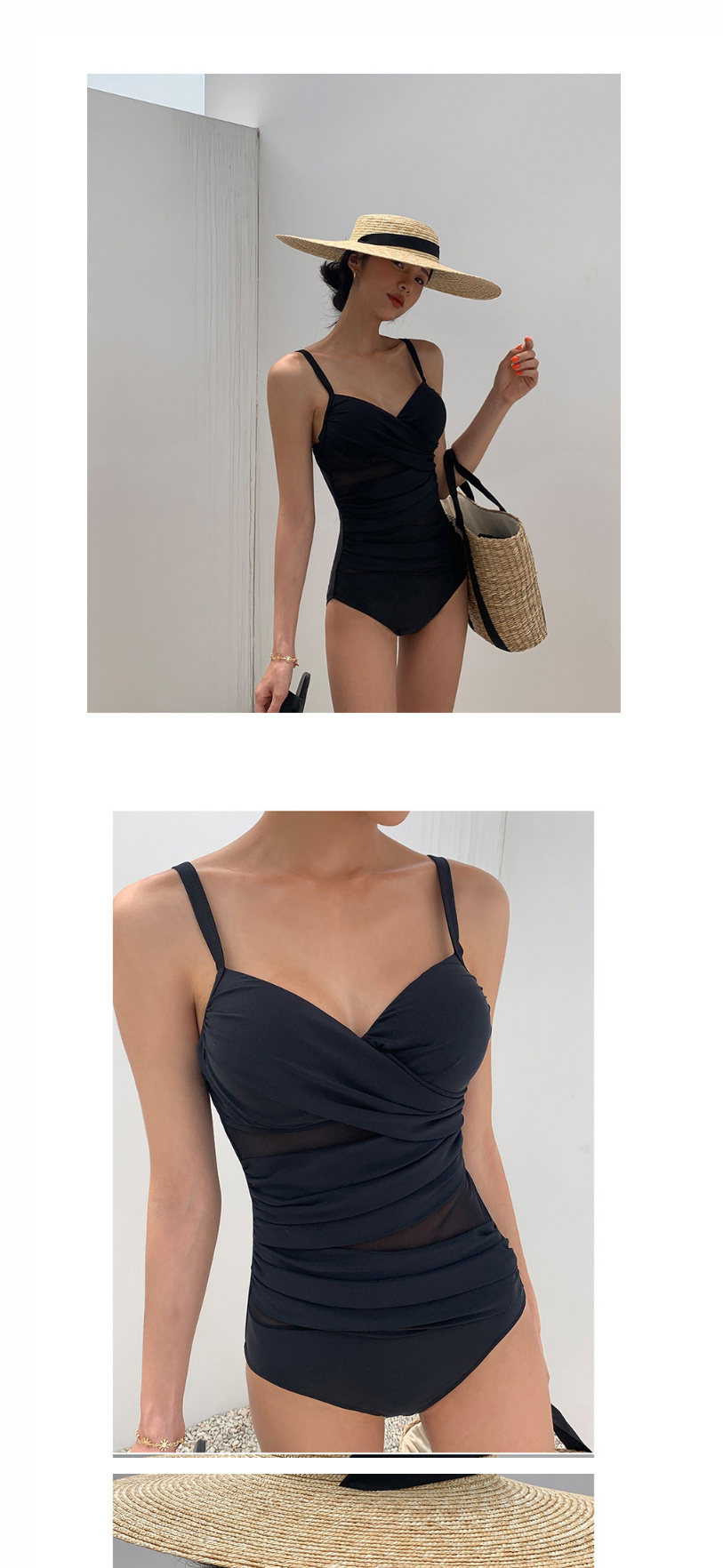 Fashion Black Cover Belly Open Back Small Chest Gathered One-piece Swimsuit,One Pieces