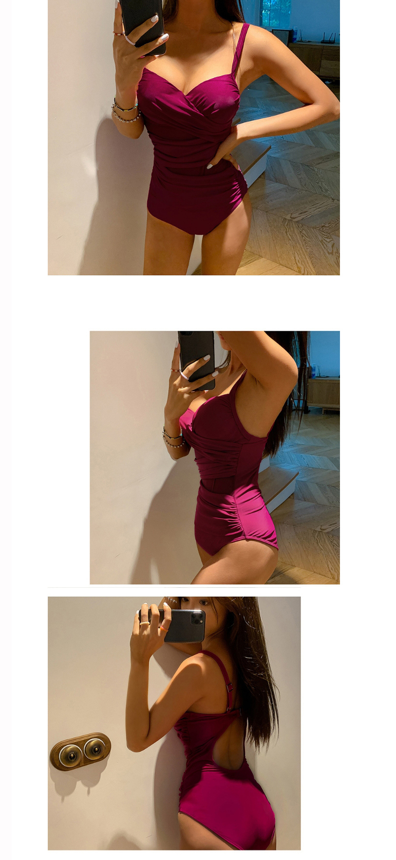 Fashion Red Wine Cover Belly Open Back Small Chest Gathered One-piece Swimsuit,One Pieces