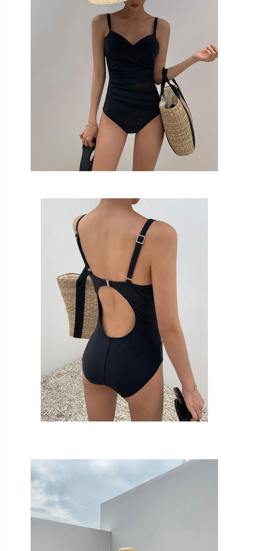 Fashion Blue Cover Belly Open Back Small Chest Gathered One-piece Swimsuit,One Pieces