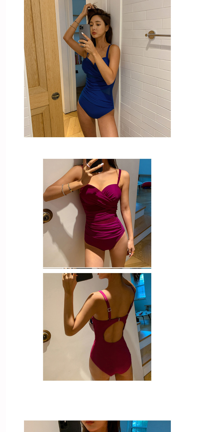 Fashion Red Wine Cover Belly Open Back Small Chest Gathered One-piece Swimsuit,One Pieces