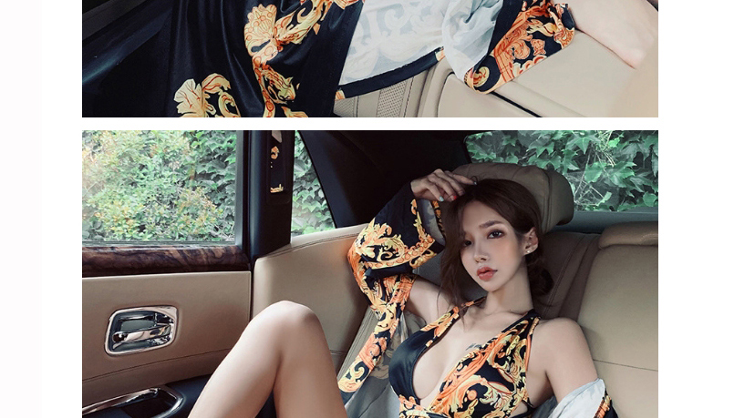 Fashion Siamese + Blouse Deep V Print Leaky Back One-piece Swimsuit,One Pieces