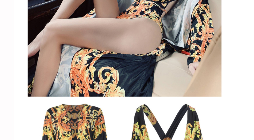 Fashion Siamese + Blouse Deep V Print Leaky Back One-piece Swimsuit,One Pieces