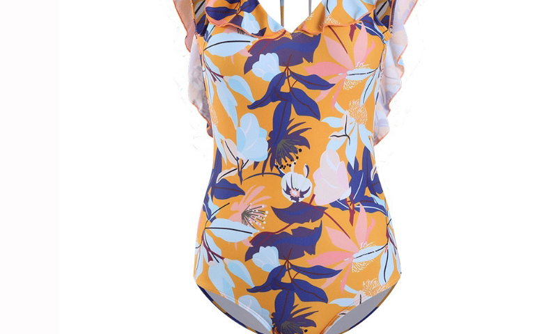 Fashion Color Open Back Ruffled Strappy One-piece Swimsuit,One Pieces