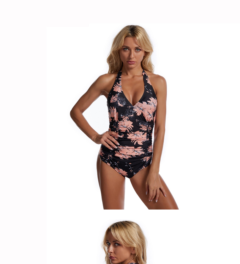 Fashion Vintage Flowers Triangle Halter Print Pleated One-piece Swimsuit,One Pieces