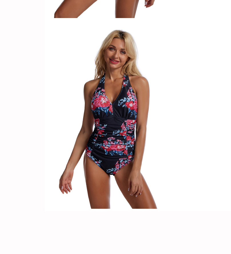 Fashion Red Triangle Backless Printed Pleated One-piece Swimsuit,One Pieces