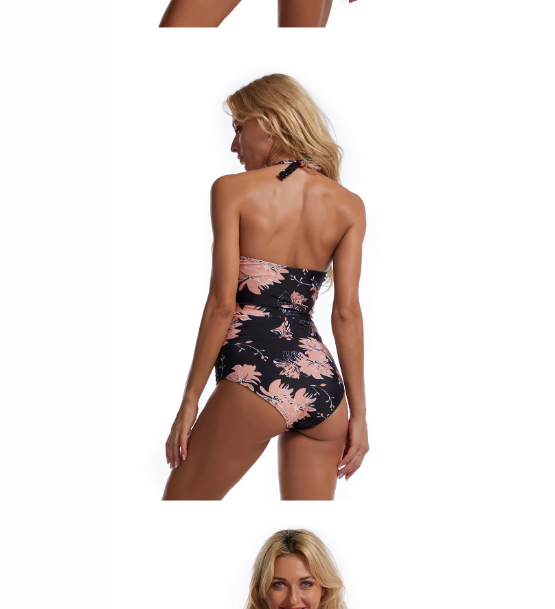 Fashion Vintage Flowers Triangle Halter Print Pleated One-piece Swimsuit,One Pieces