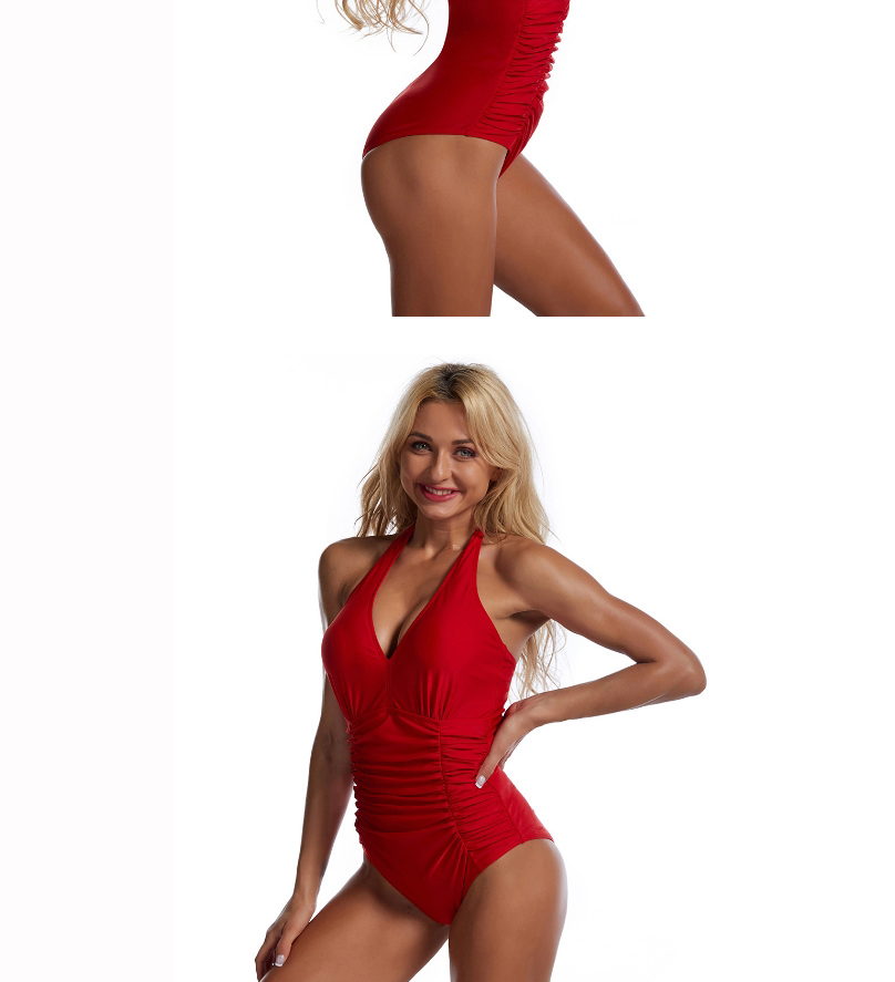 Fashion Red Triangle Backless Printed Pleated One-piece Swimsuit,One Pieces