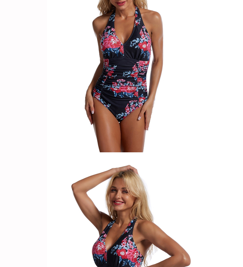 Fashion Safflower Triangle Backless Printed Pleated One-piece Swimsuit,One Pieces
