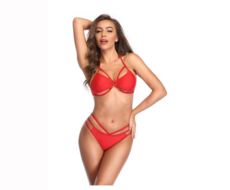 Fashion Red Hollow Solid Color Low Waist Split Swimsuit,Bikini Sets