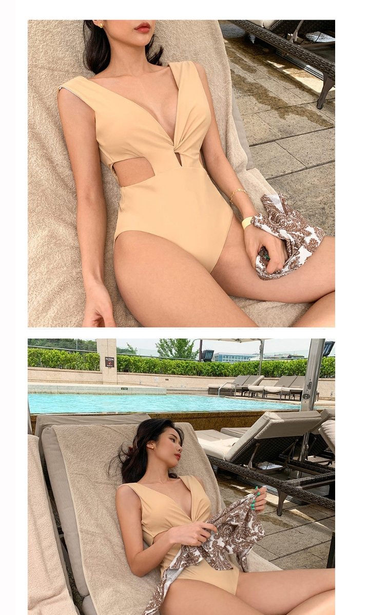 Fashion Flesh-colored Hollow Knotted Solid Color One-piece Swimsuit,One Pieces