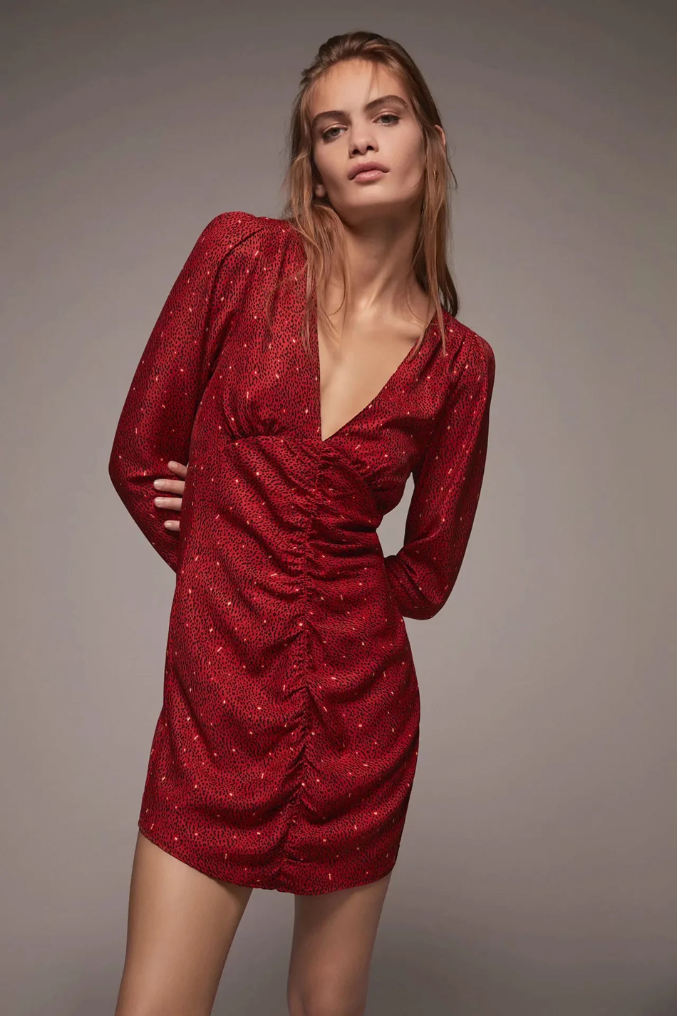 Fashion Red Printed Deep V Pleated Dress,Long Dress