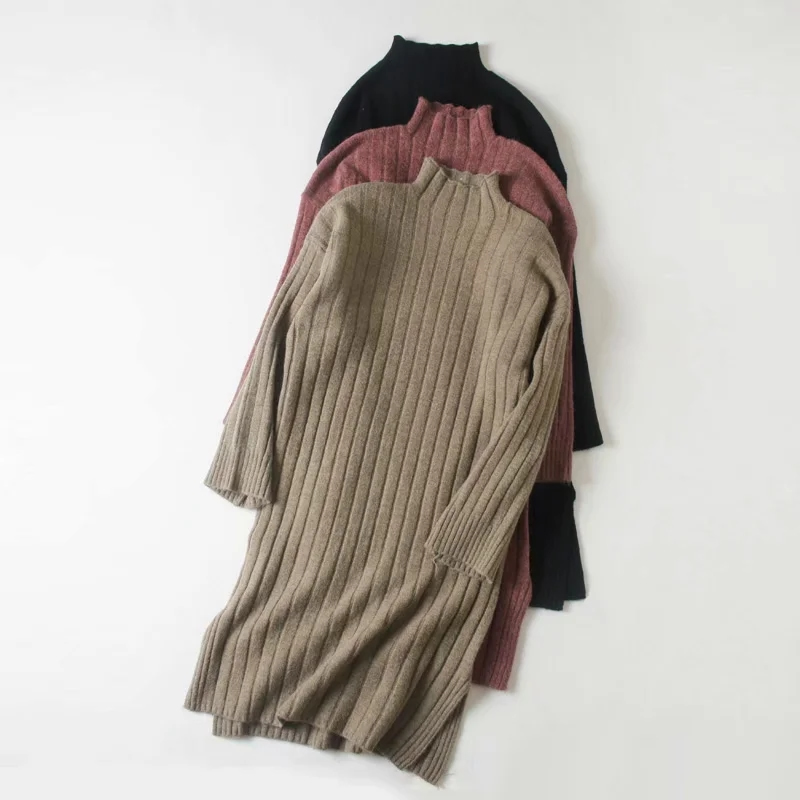 Fashion Khaki Solid Color Thick Half High Neck Knitted Skirt,Long Dress