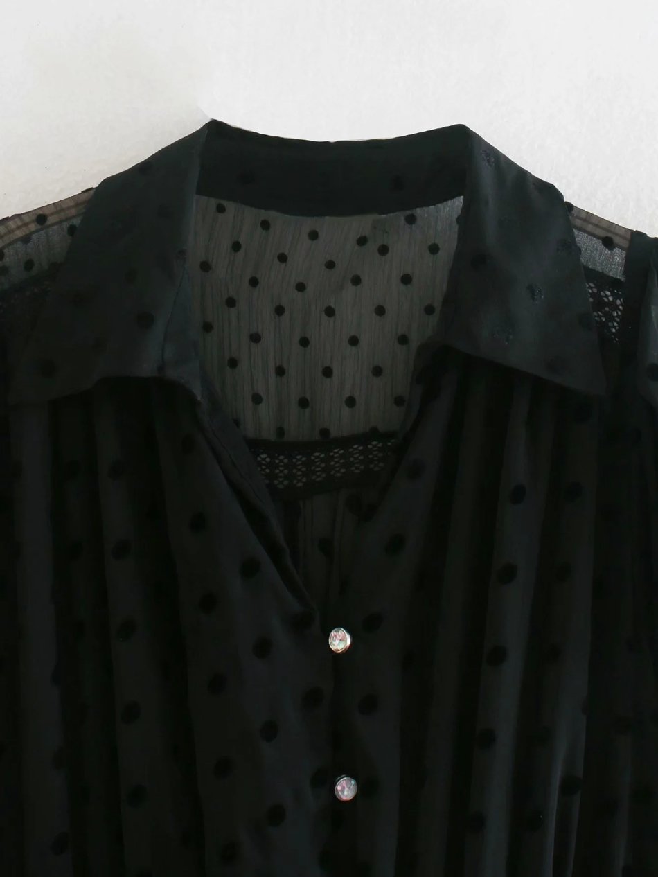 Fashion Black V-neck Polka Dot Stitching Tulle Dress,Long Dress