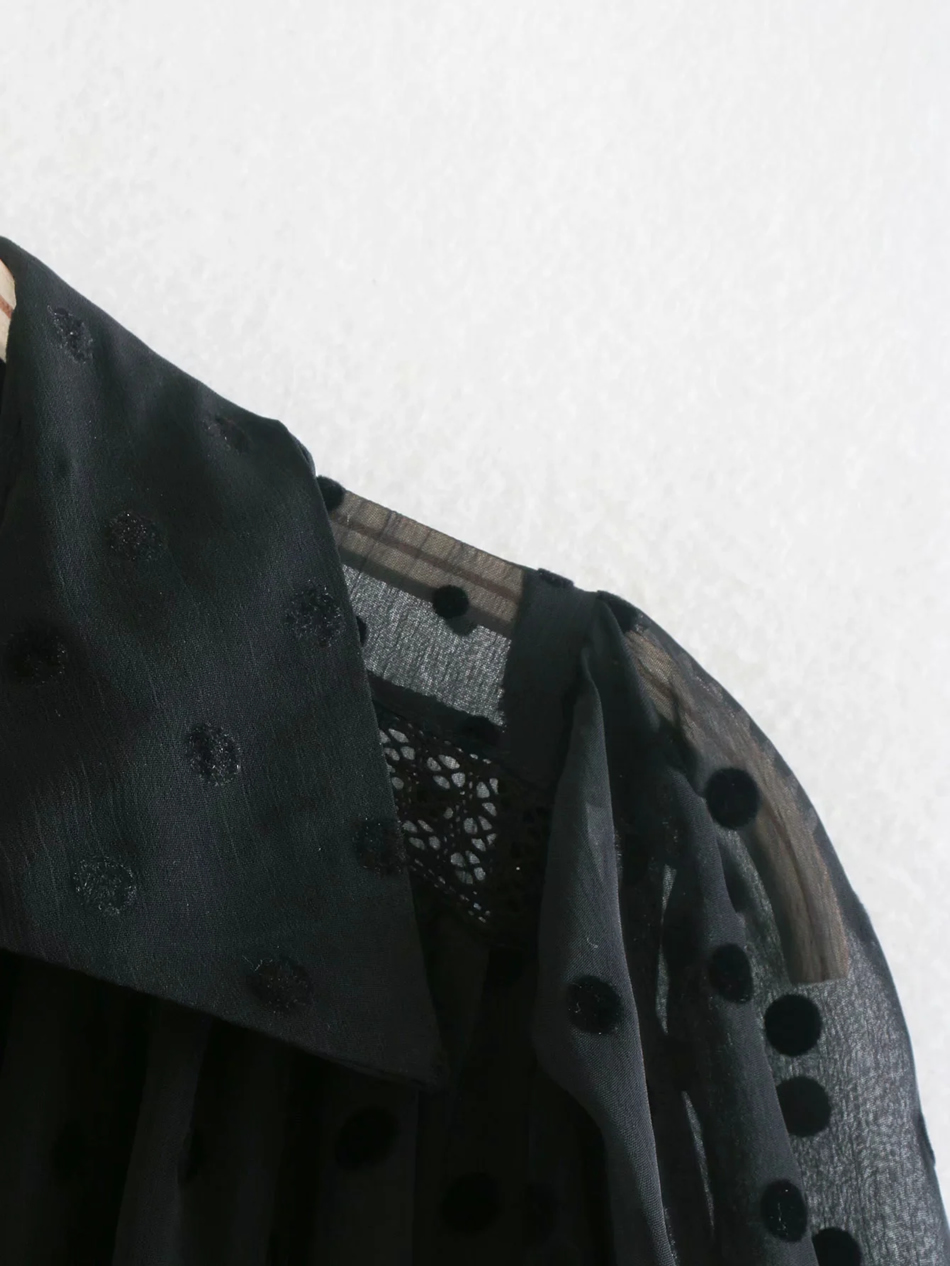 Fashion Black V-neck Polka Dot Stitching Tulle Dress,Long Dress