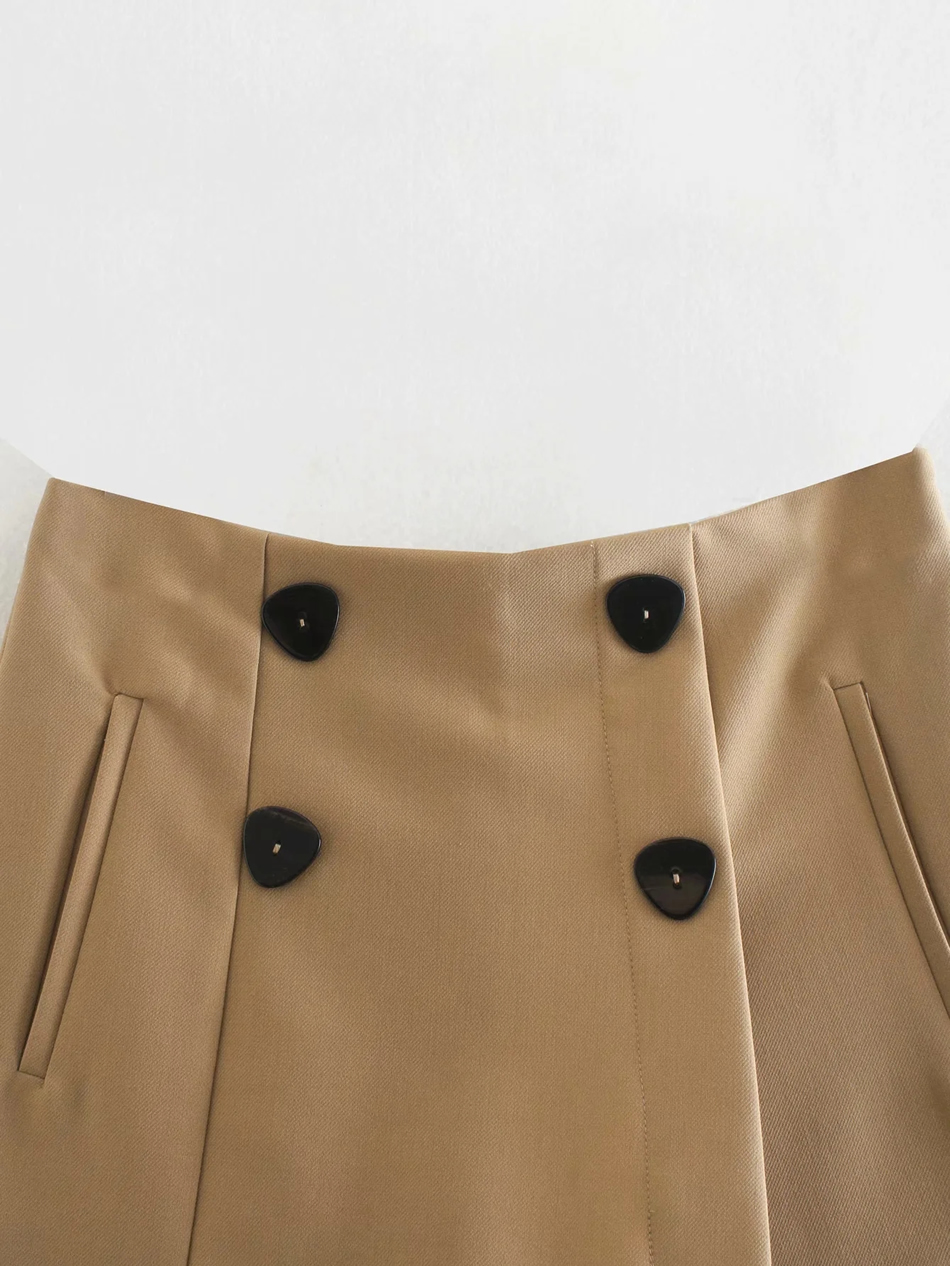 Fashion Khaki Double Breasted Stitching Solid Color Pants Skirt,Shorts