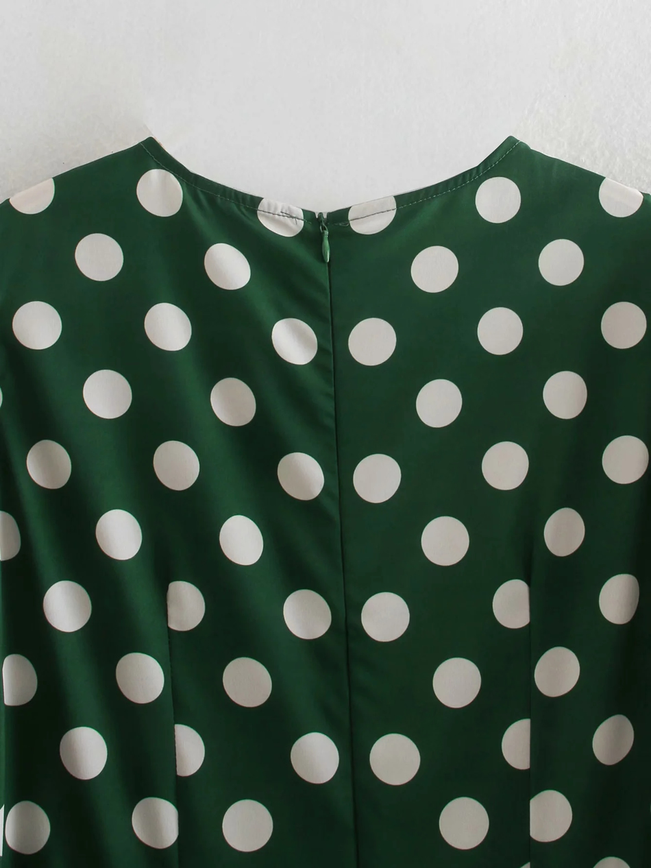 Fashion Green Polka Dot Print Long Sleeve Dress,Long Dress