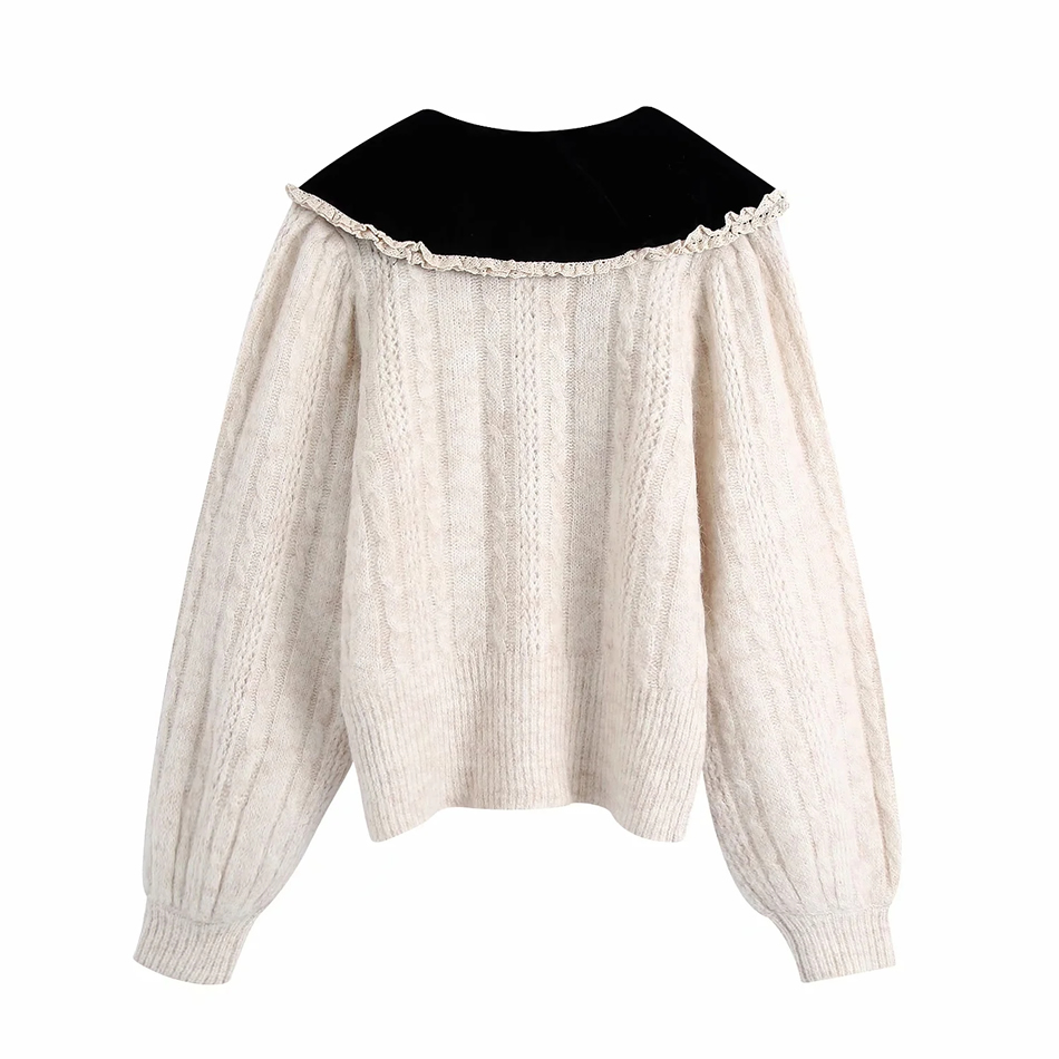 Fashion Creamy-white Velvet Doll Collar Lace Trim Sweater,Sweater