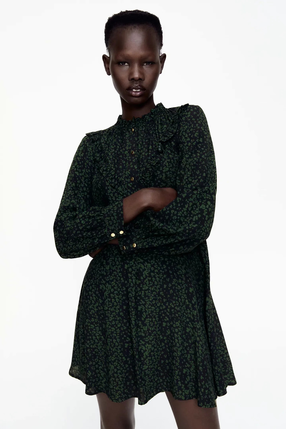 Fashion Dark Green Printed Ruffled Long Sleeve Mini Dress,Long Dress