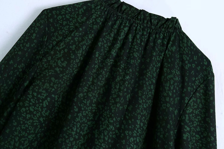 Fashion Dark Green Printed Ruffled Long Sleeve Mini Dress,Long Dress