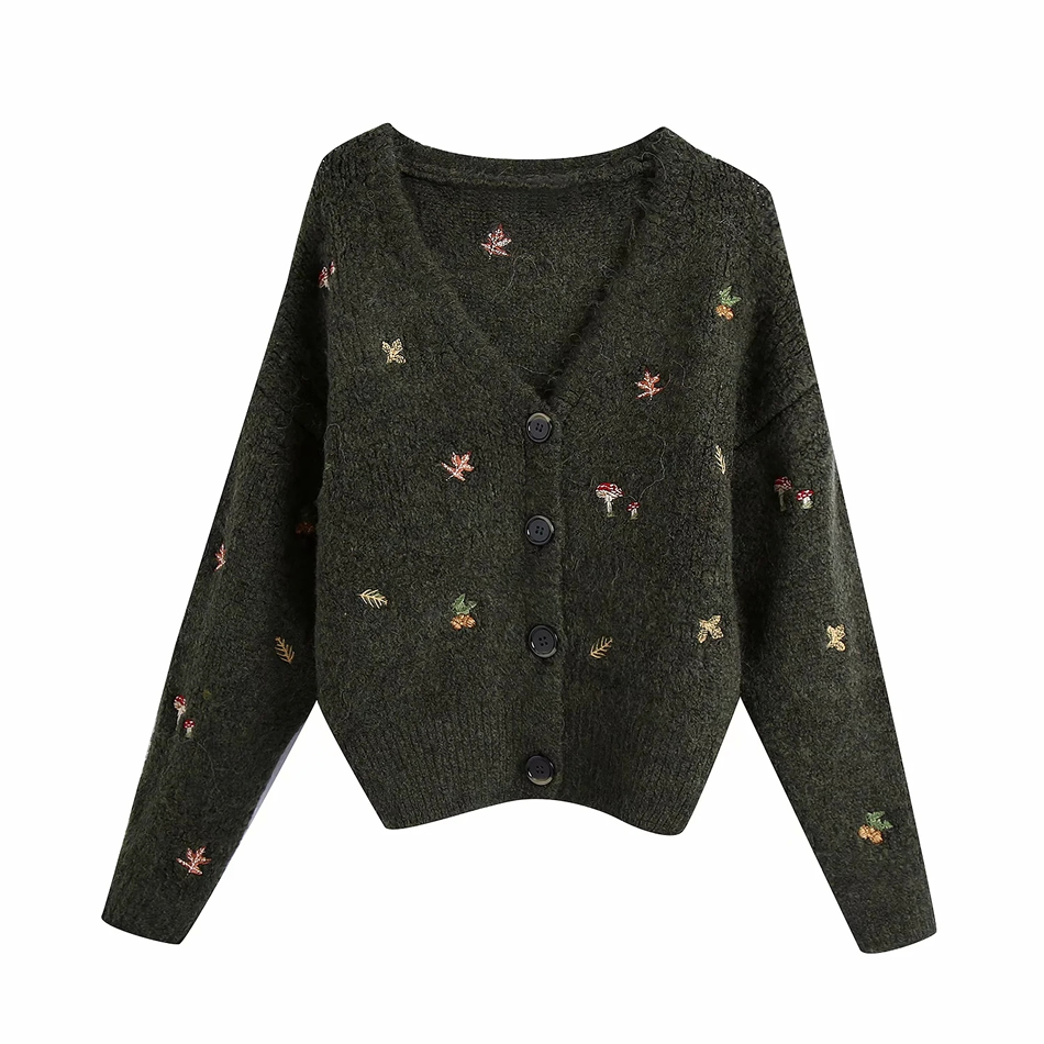 Fashion Dark Green Embroidered V-neck Single-breasted Knitted Jacket,Sweater