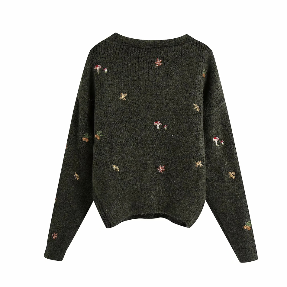 Fashion Dark Green Embroidered V-neck Single-breasted Knitted Jacket,Sweater