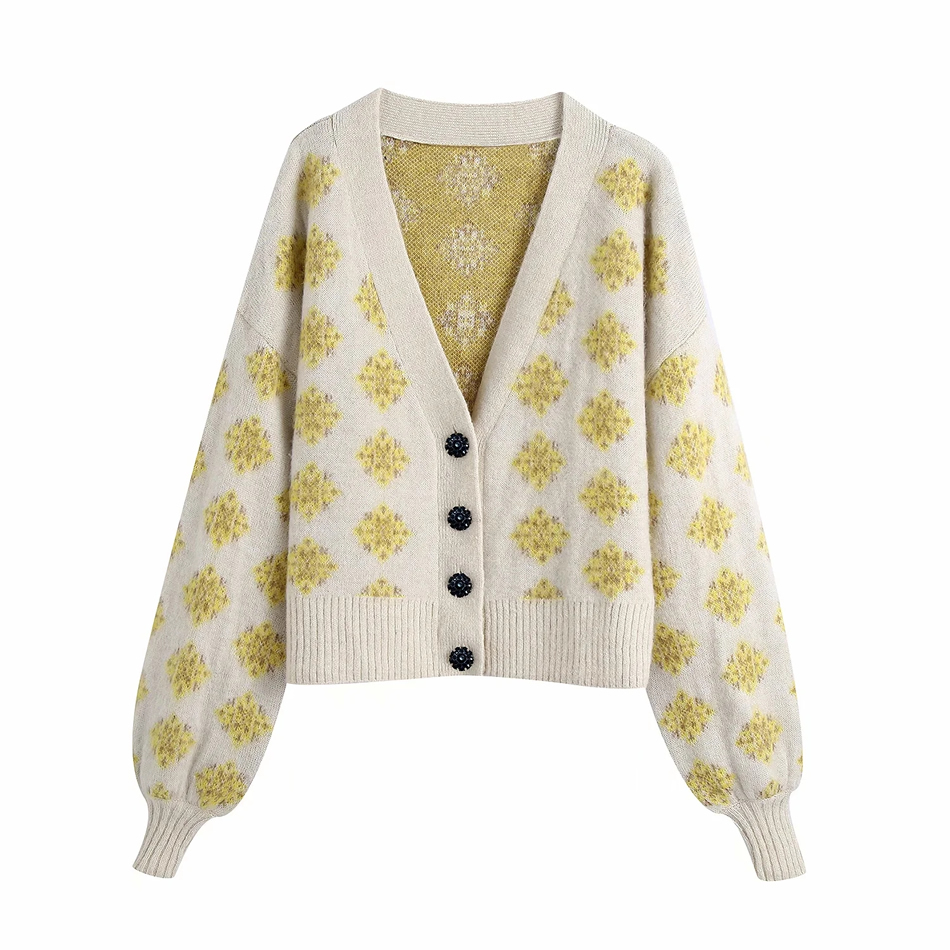 Fashion Color Jacquard V-neck Single-breasted Knitted Jacket,Sweater