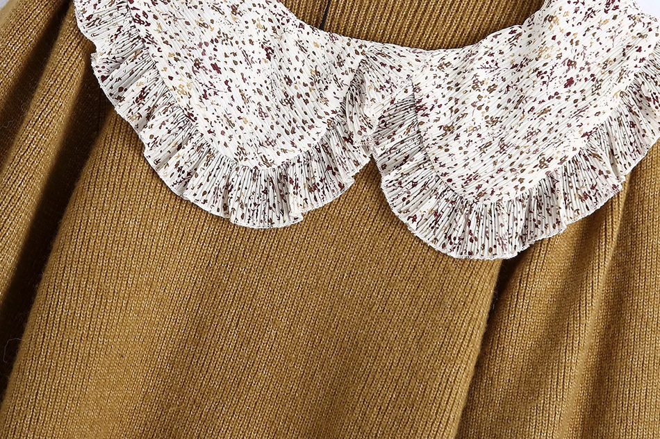 Fashion Brown Contrasting Collar Printed Sweater,Sweater