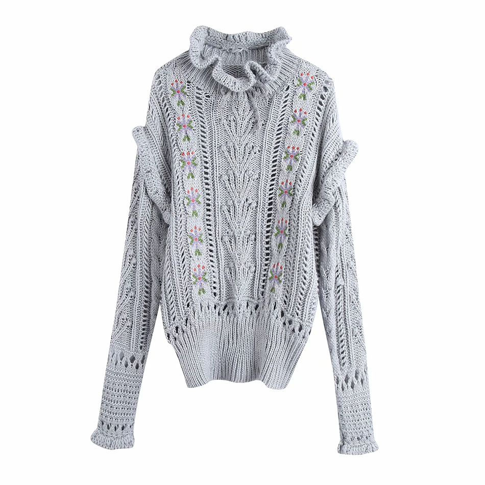 Fashion Gray Embroidered Ruffled Hollow Knit Sweater,Sweater