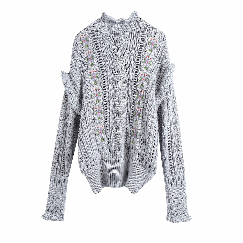 Fashion Gray Embroidered Ruffled Hollow Knit Sweater,Sweater