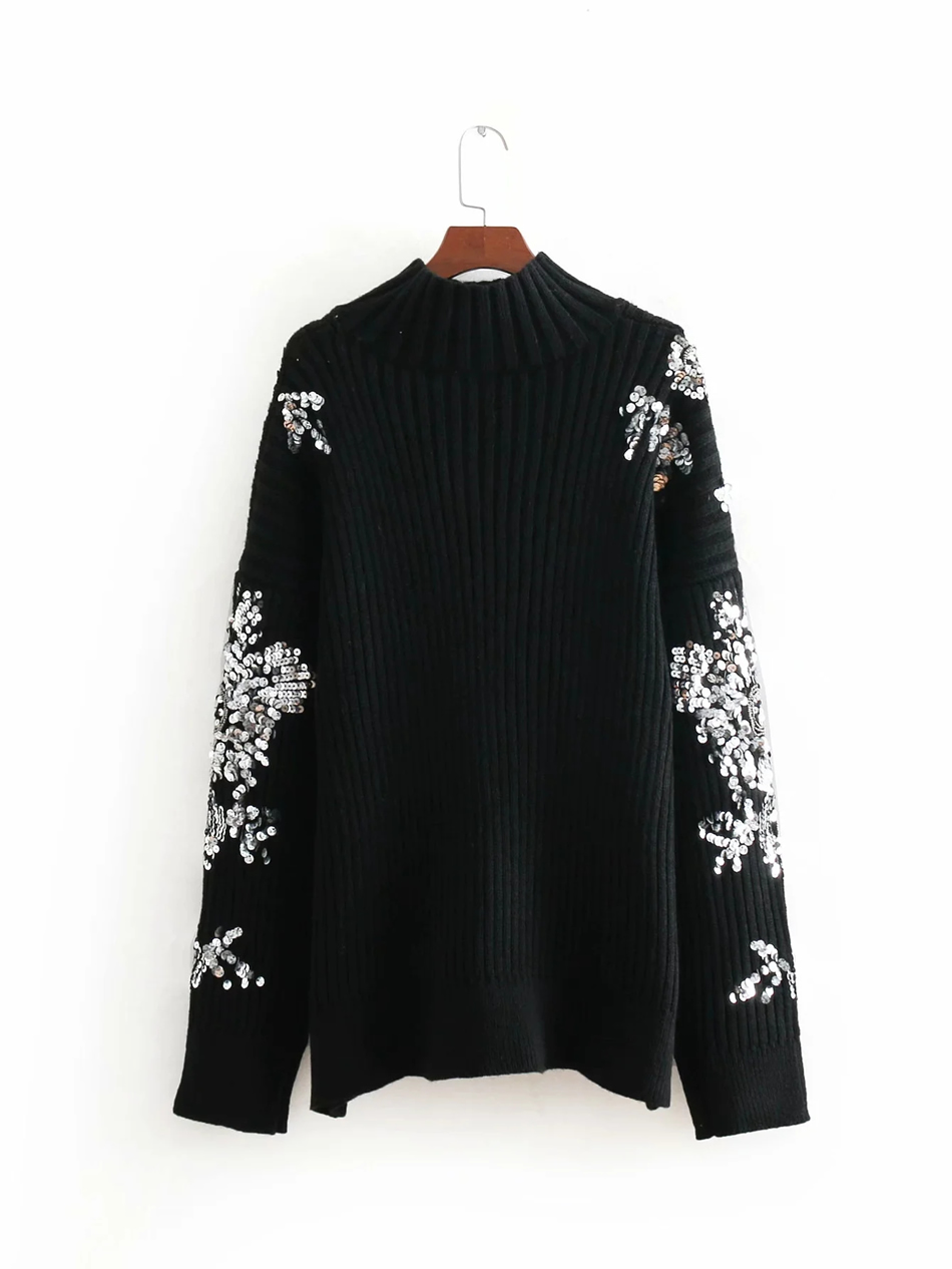 Fashion Black Heavy Industry Sequin Flower Pattern Sweater,Sweater