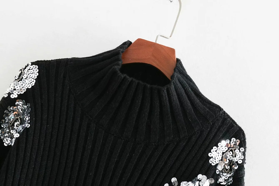 Fashion Black Heavy Industry Sequin Flower Pattern Sweater,Sweater