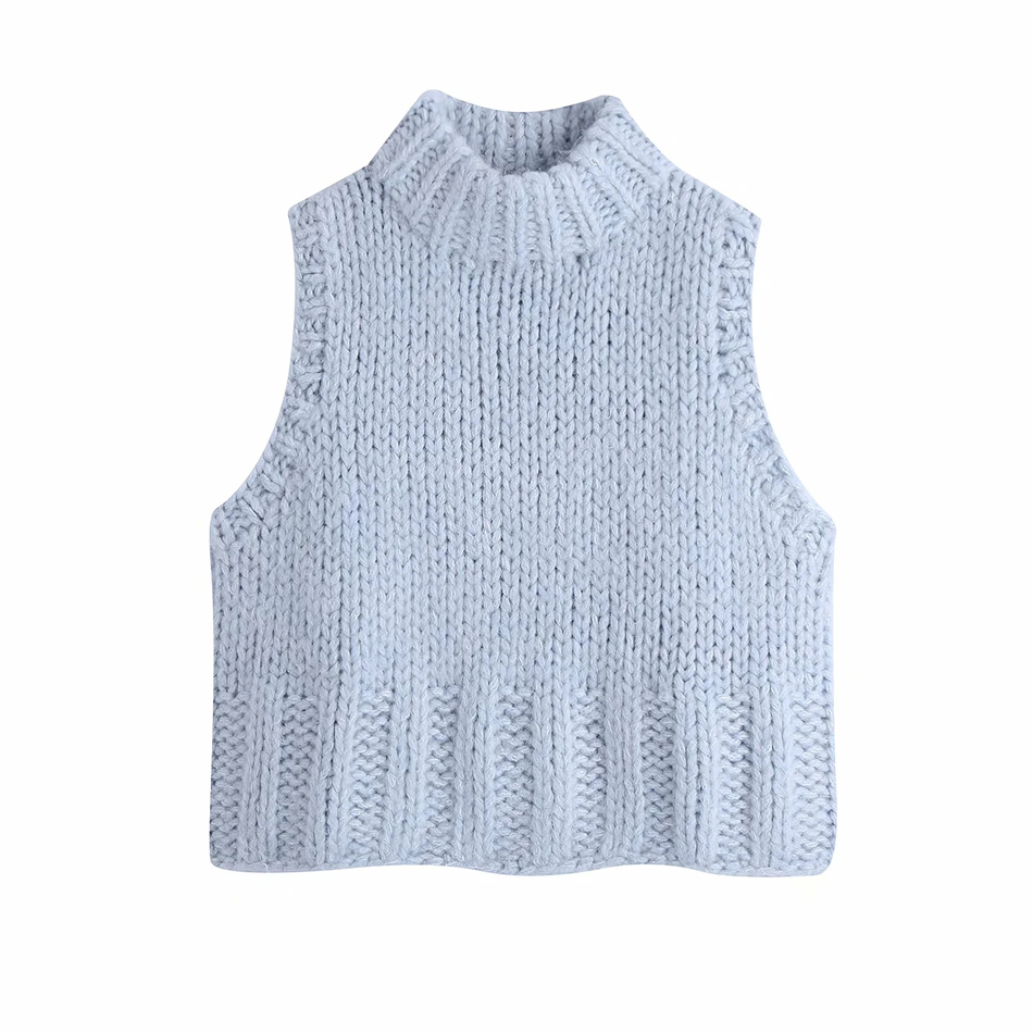 Fashion Blue Wool Round Neck Short Knitted Vest,Sweater