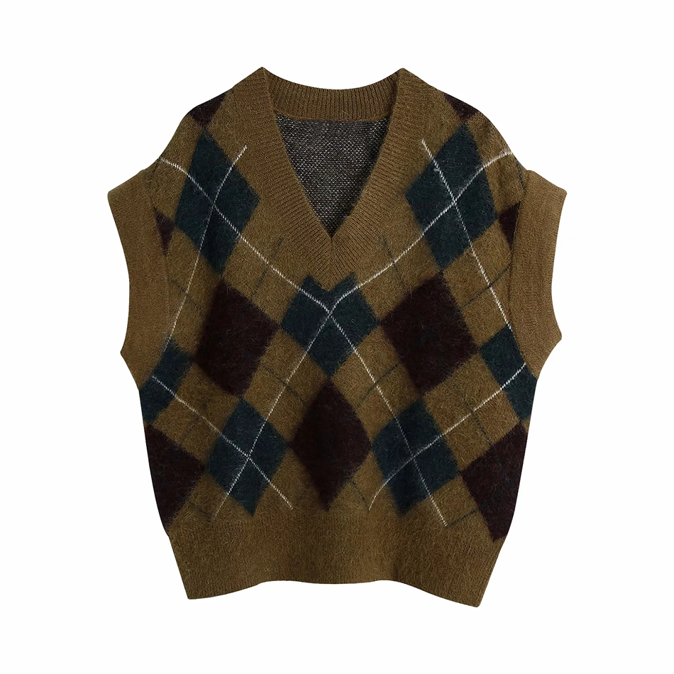 Fashion Coffee Color V-neck Diamond Knit Vest,Sweater