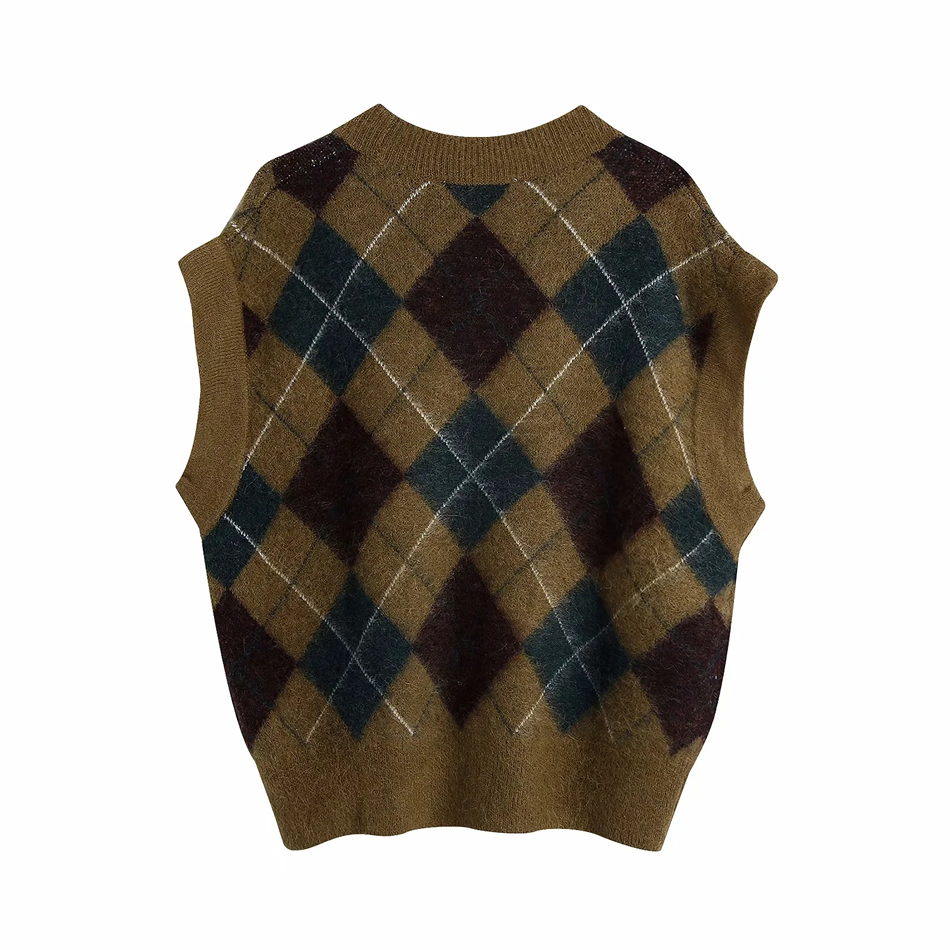 Fashion Coffee Color V-neck Diamond Knit Vest,Sweater