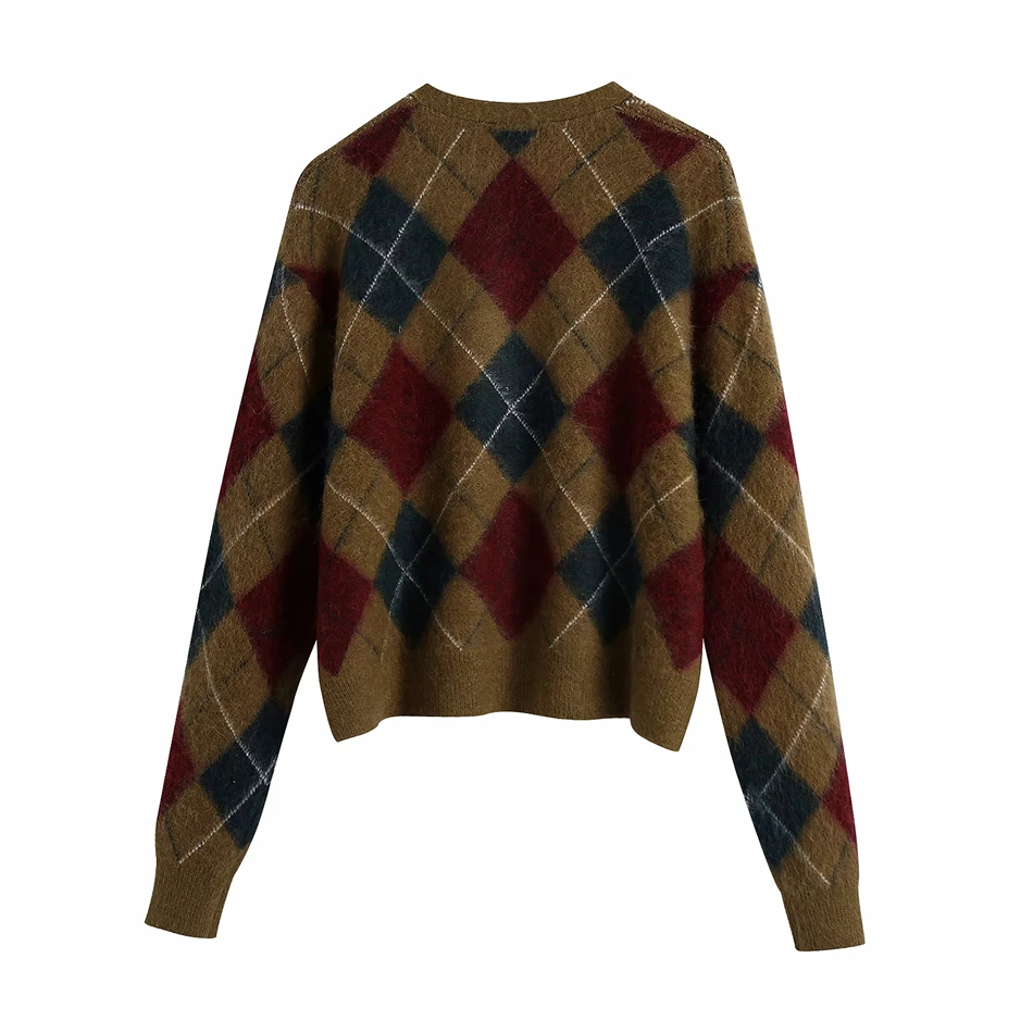 Fashion Coffee Color V-neck Diamond Check Knitted Jacket,Sweater
