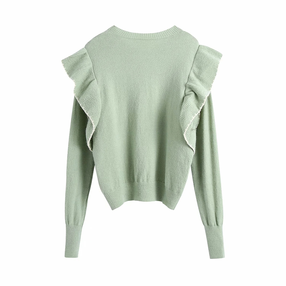 Fashion Green Ruffled Round Neck Loose Sweater,Sweater