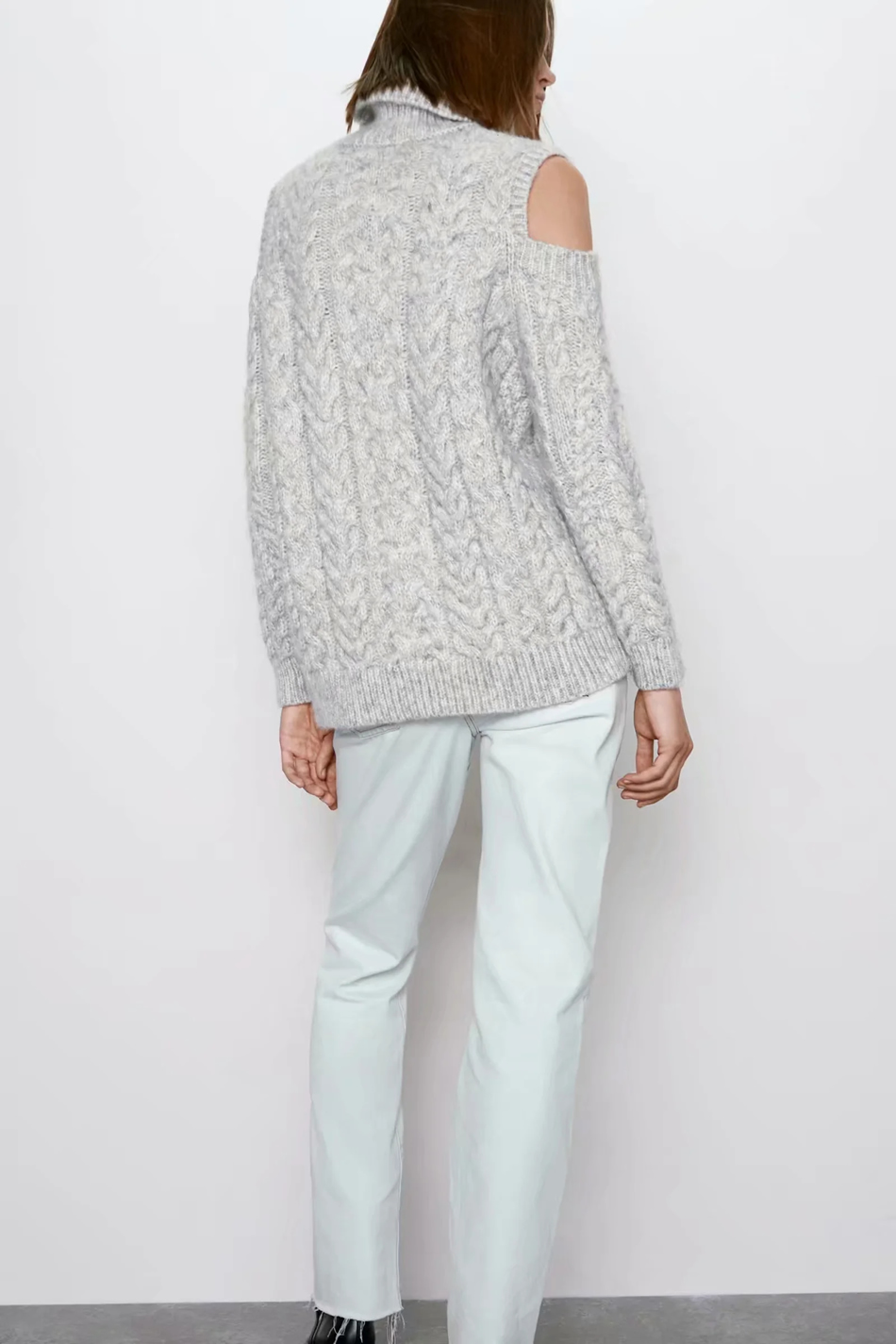 Fashion Gray Eight-strand Woven Off-shoulder High Neck Sweater,Sweater