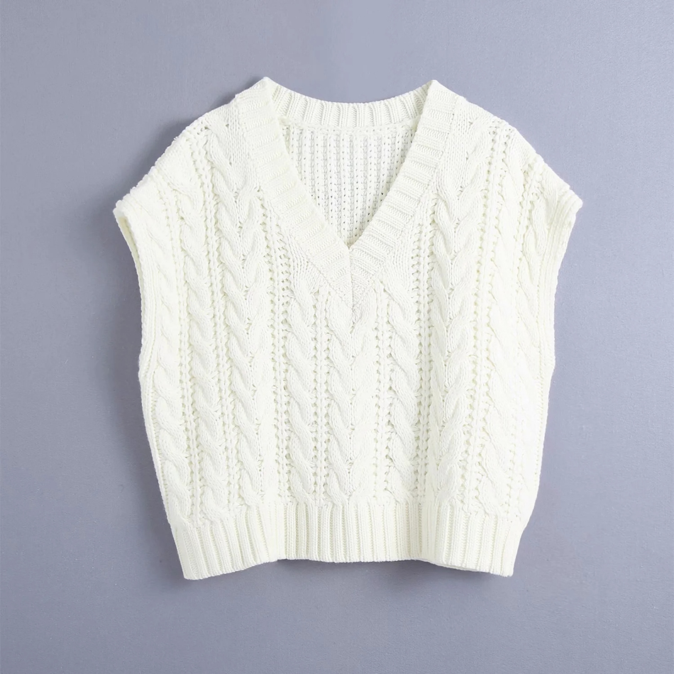 Fashion Creamy-white Cable Knit V-neck Sleeveless Pullover,Sweater