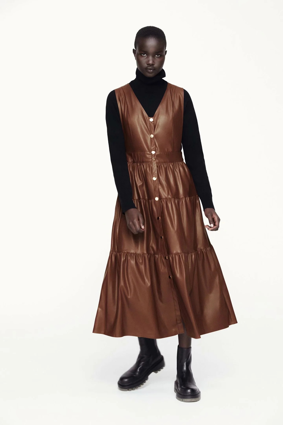 Fashion Brown Faux Leather V-neck Stitching Vest Skirt,Long Dress