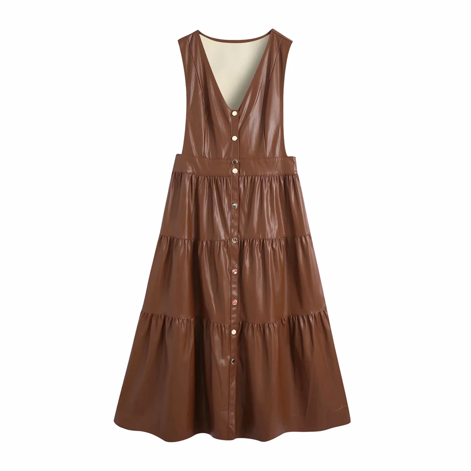 Fashion Brown Faux Leather V-neck Stitching Vest Skirt,Long Dress