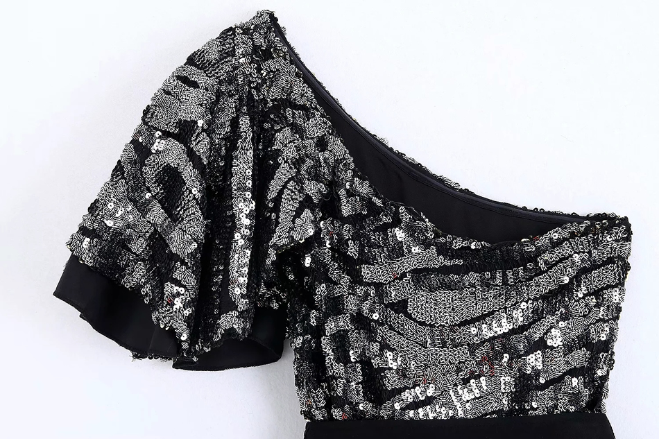 Fashion Black Sequin Asymmetrical One-shoulder Dress With Belt,Long Dress