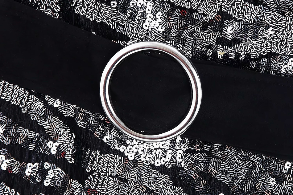 Fashion Black Sequin Asymmetrical One-shoulder Dress With Belt,Long Dress